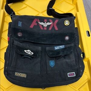 Armani Exchange patched Black Messenger Bag canvas with leather trims